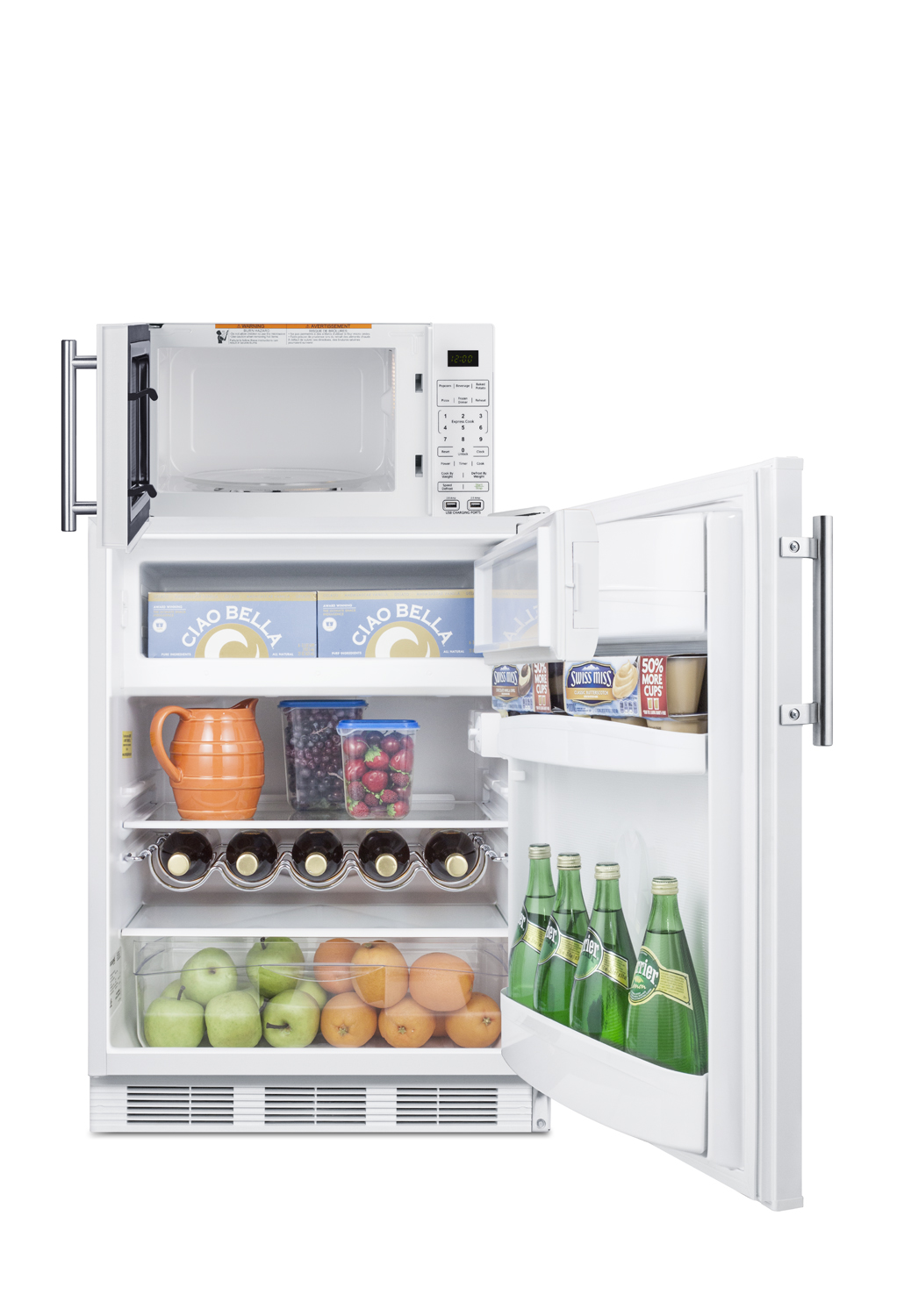 Counter height refrigerator-freezer compact microwave in white with allocator and USB ports for 1-plug operation; ships in three boxes on one pallet